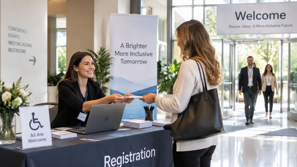 A friendly staff member at a registration desk hands a visitor a name badge at a conference.