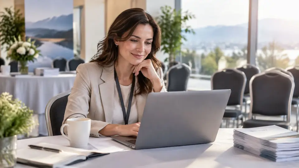 A professional woman in a blazer works on her laptop at a table during an event conference.
