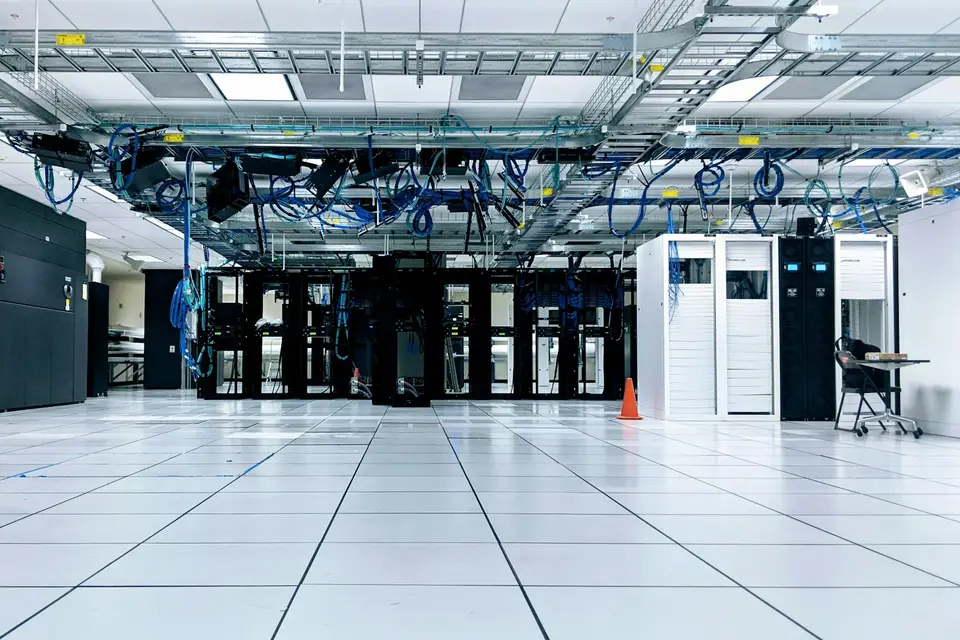 Rows of server cabinets in a data center