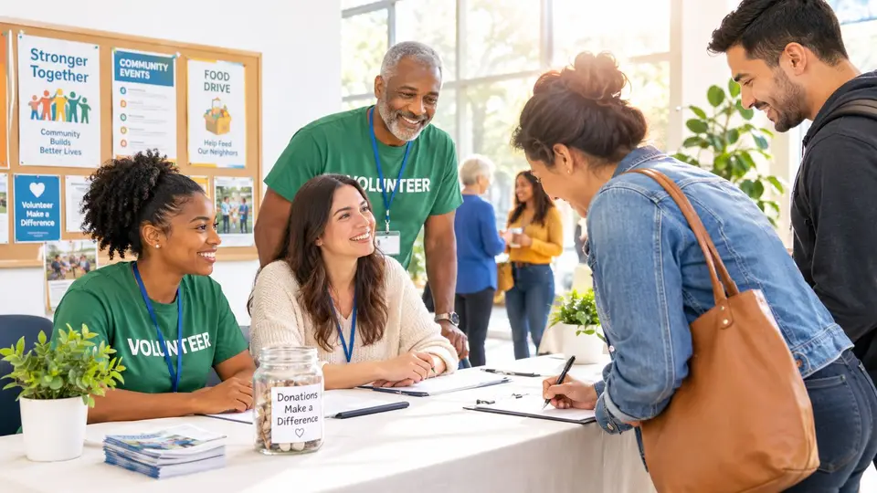 Friendly volunteers at a community center registration desk assisting a visitor signing up for a program.