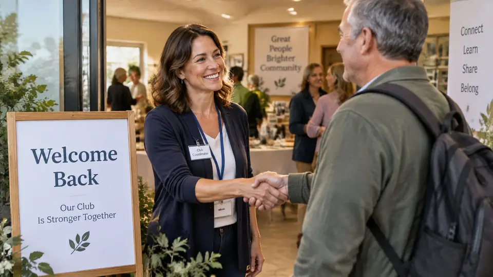 A friendly club coordinator greeting a member with a handshake at a welcoming community event.