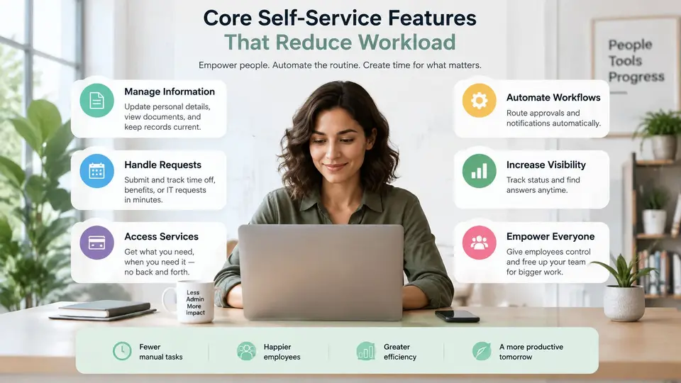 A woman working on a laptop surrounded by key benefits of an employee self-service portal.