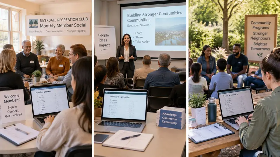 Three panels showing people interacting at a nonprofit community event using laptops for member check-in and registration.