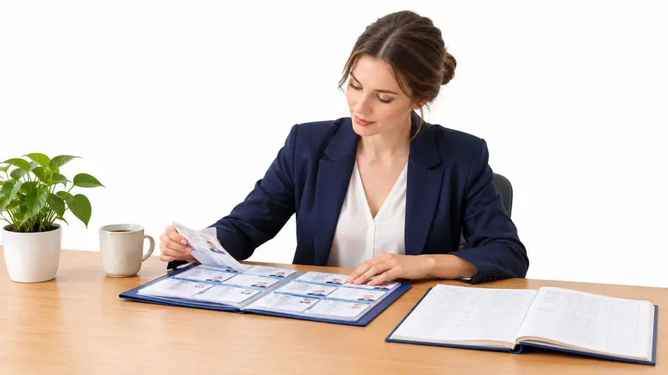 A professional woman in a business suit reviewing employee records in a binder at her desk.