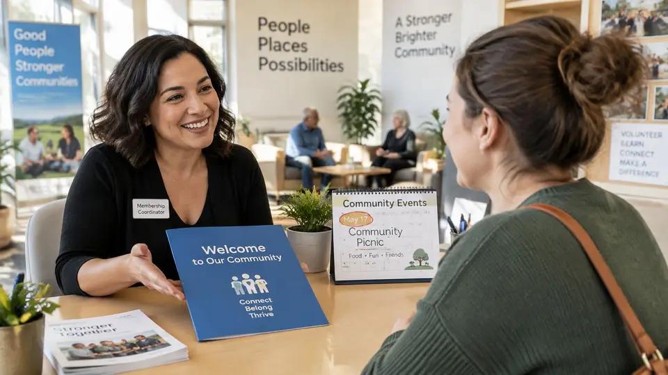 A friendly membership coordinator smiling while explaining community opportunities to a visitor at a desk.