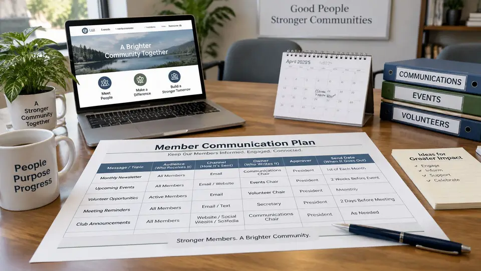 A professional desk workspace featuring a laptop, member communication plan document, calendar, and labeled binders.