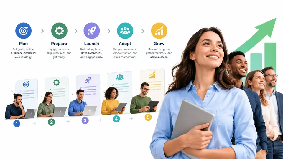 A professional team standing in front of an infographic illustrating a five-step business growth strategy process.
