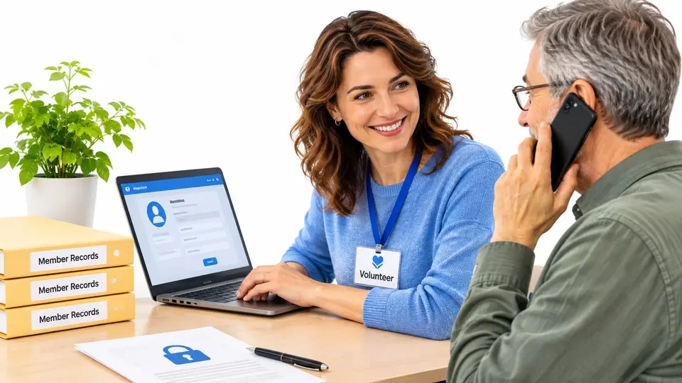 A friendly volunteer assists a senior man with his member record updates on a laptop computer.