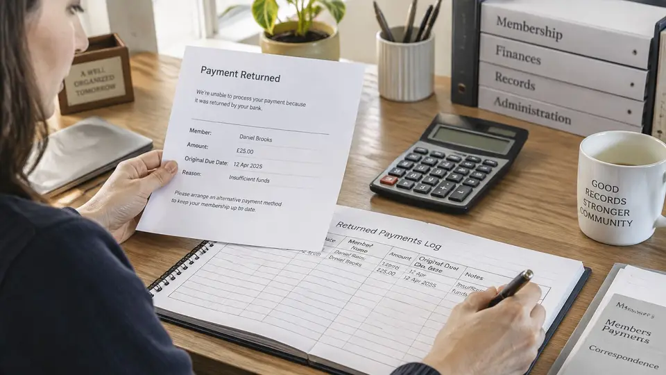 An office worker records a returned payment notification for a member named Daniel Brooks in a logbook.