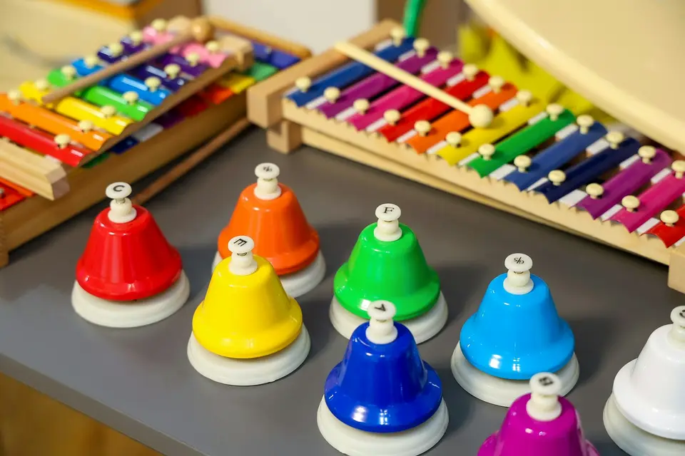 Colorful handbells and xylophones in a music room