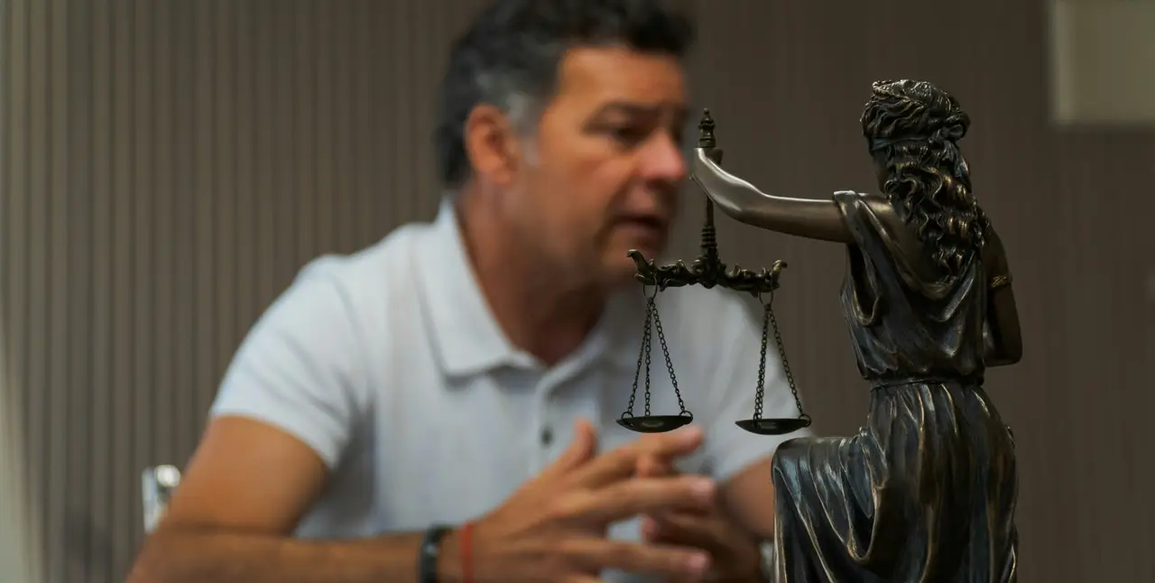 Justitia-Statue, Waage der Gerechtigkeit, Mann im Hintergrund