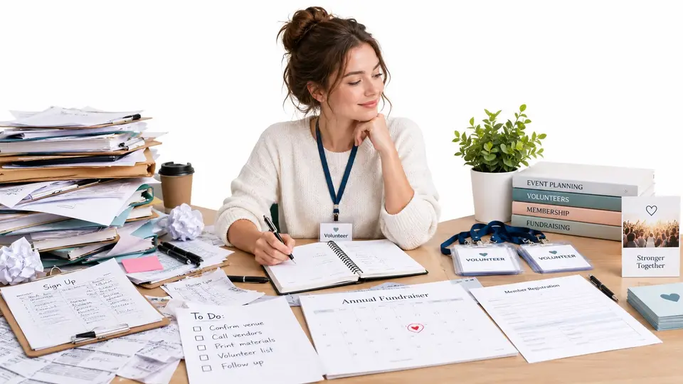 A smiling event coordinator organizes volunteer documents and fundraising tasks at a wooden office desk.