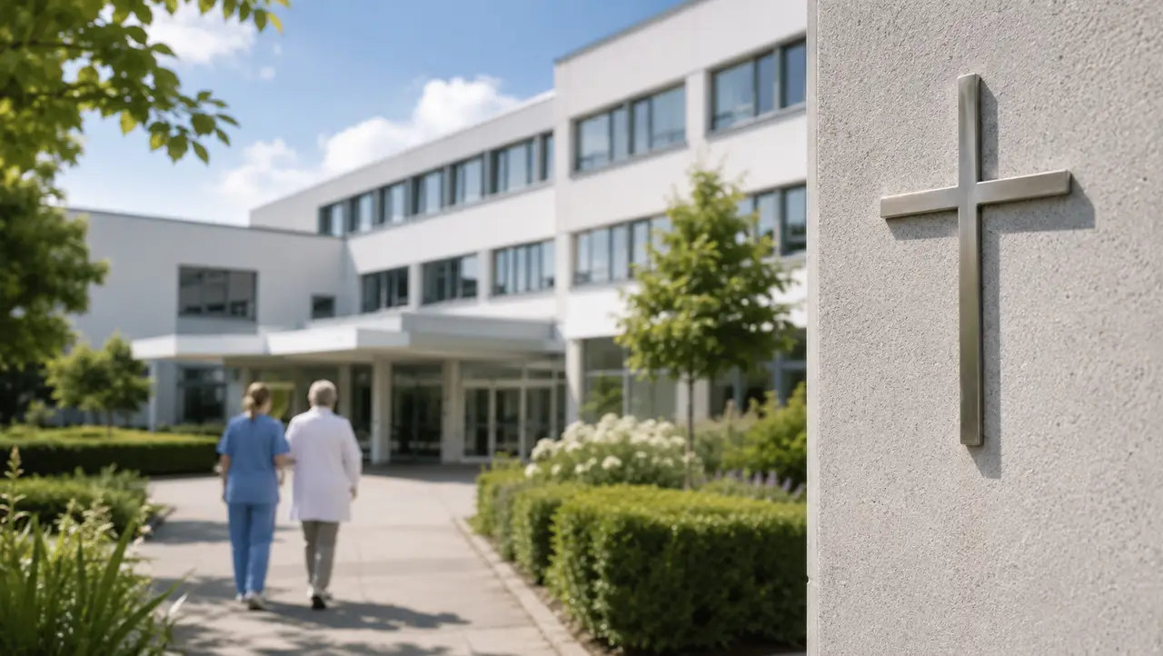 Vorhof eines kirchlichen Krankenhauses mit Arzt und Pflegekraft
