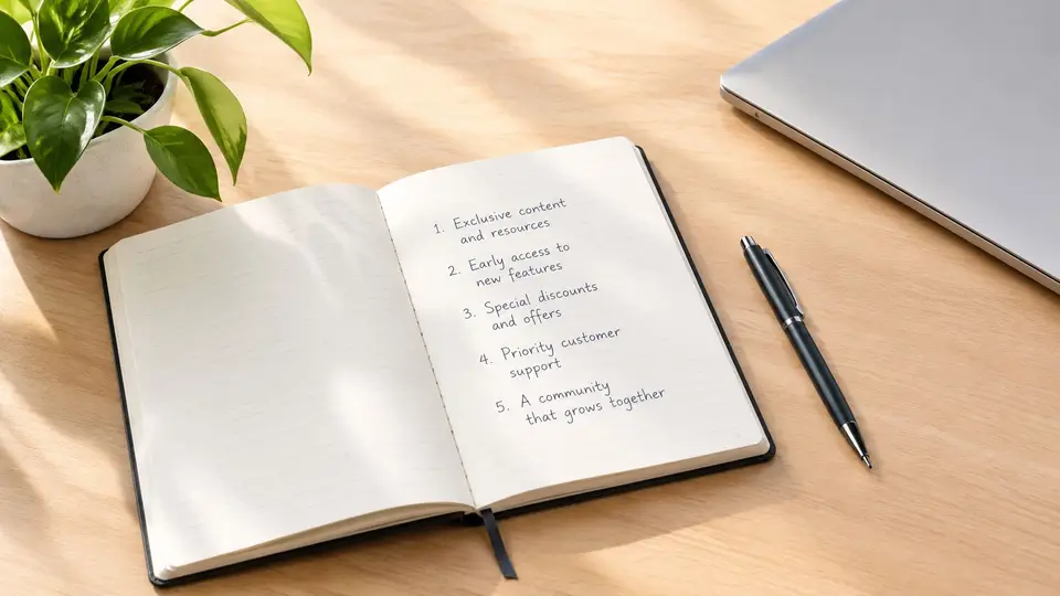 An open notebook on a wooden desk listing membership benefits next to a plant and laptop.