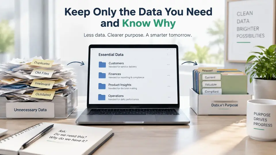 A clean desk workspace showing the process of sorting unnecessary data into essential, purposeful information folders.