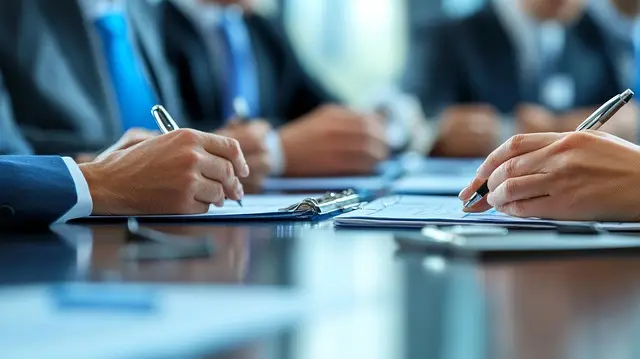 Männer und Hände die Stifte festhalten und Dokumente liegen auf dem Tisch