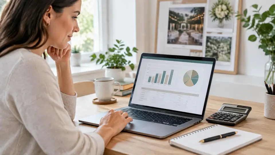 A professional event planner analyzing business growth data on a laptop screen while working at a desk.