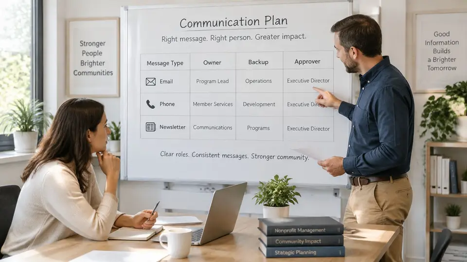A professional man explaining a communication plan strategy on a whiteboard to a colleague in an office.