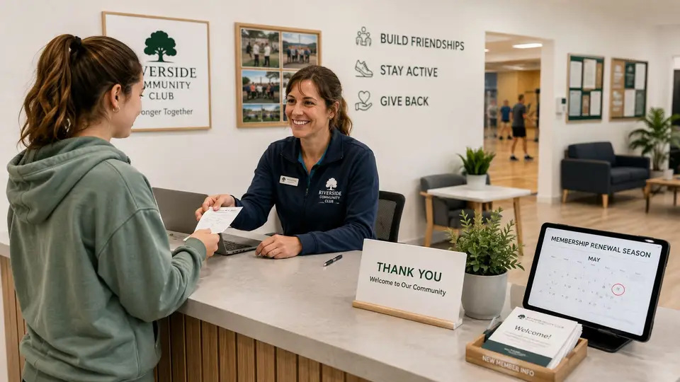 A friendly staff member helping a new client at the Riverside Community Club reception desk.