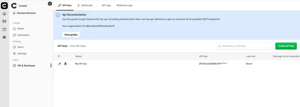 API & Developer page with the list of API keys