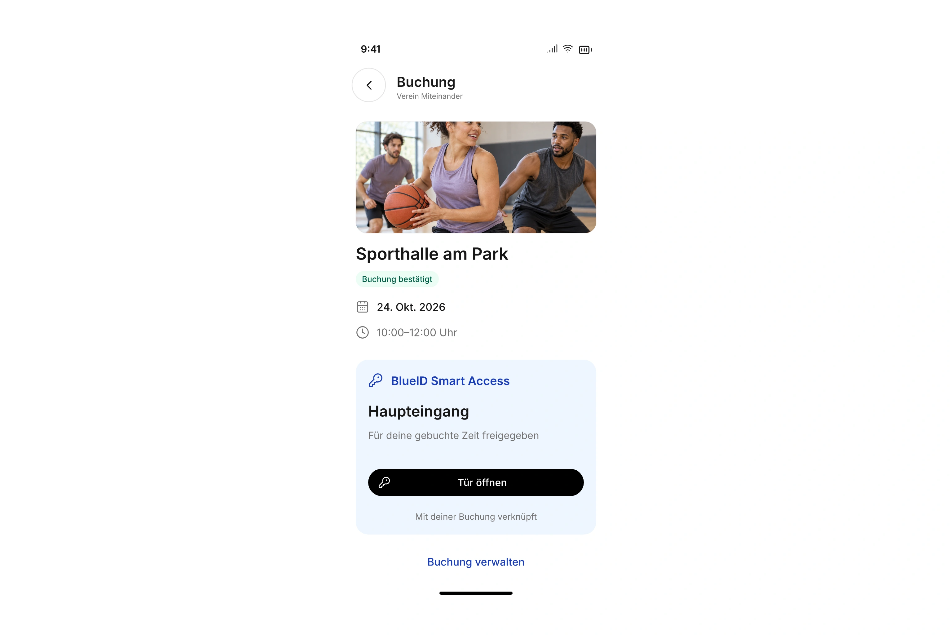 Bestätigte Sporthallenbuchung mit zeitgebundenem Zutritt über BlueID Smart Access