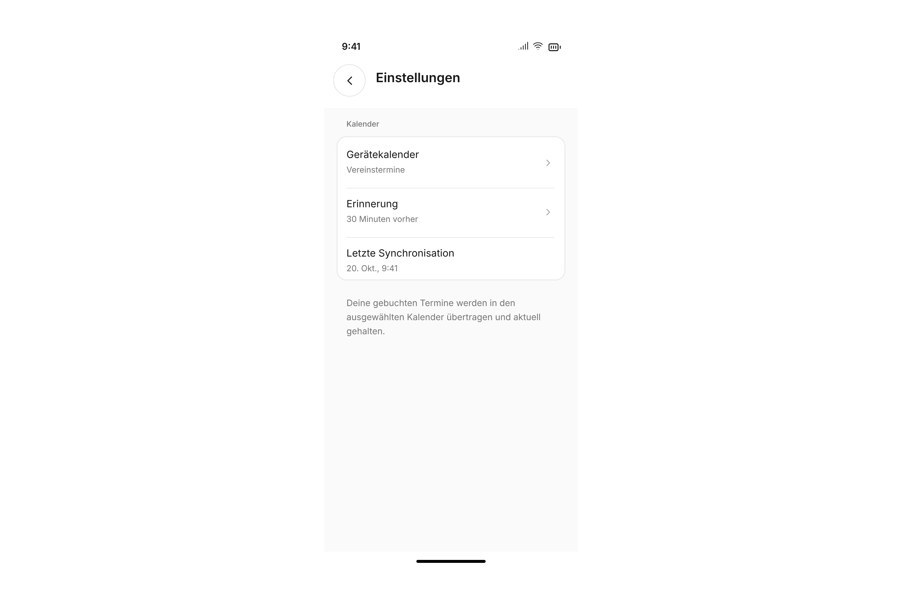 Kalendereinstellungen mit ausgewähltem Gerätekalender, Erinnerung und letzter Synchronisation