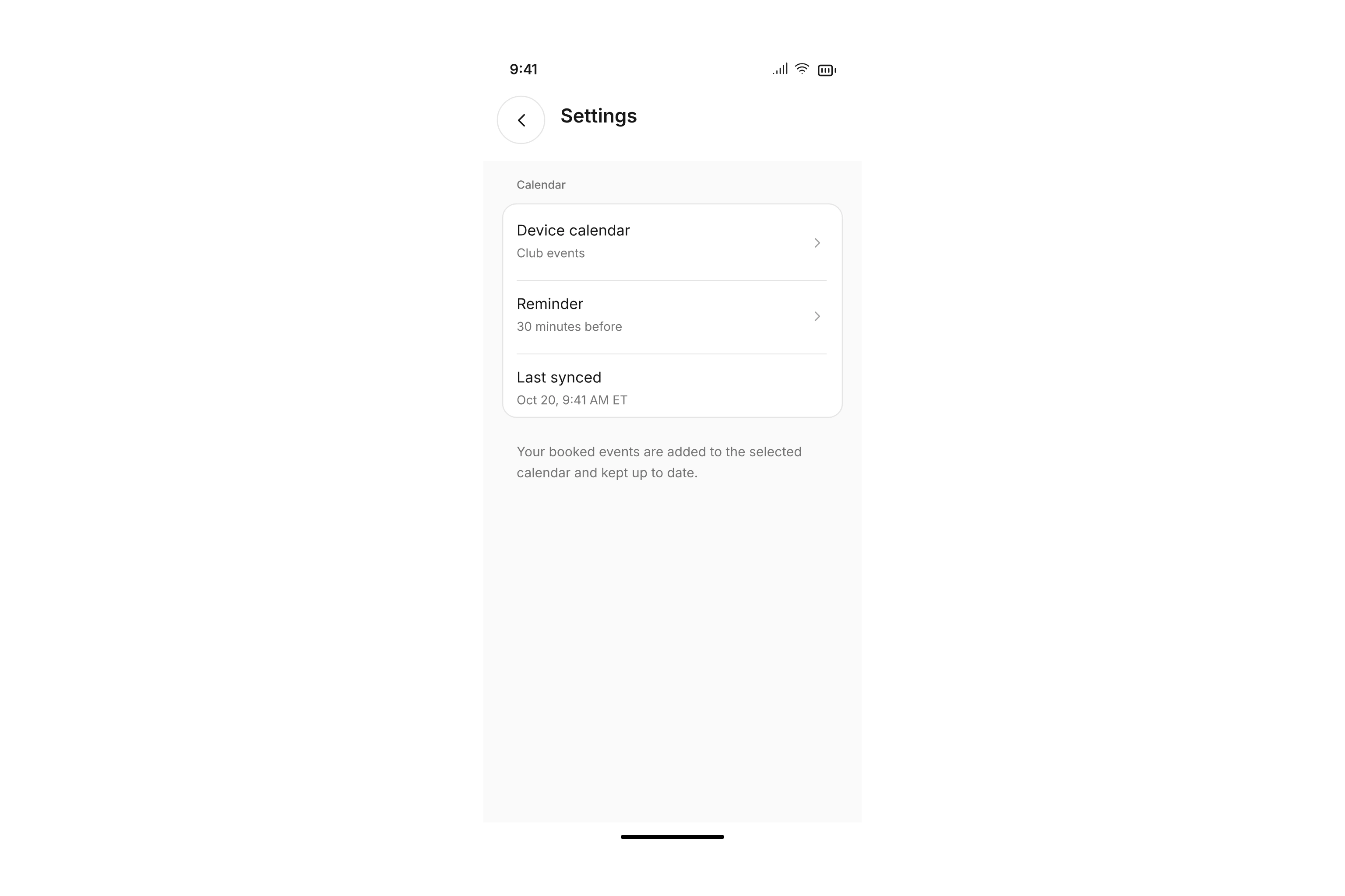 Calendar settings with a selected device calendar, event reminder, and last synchronization