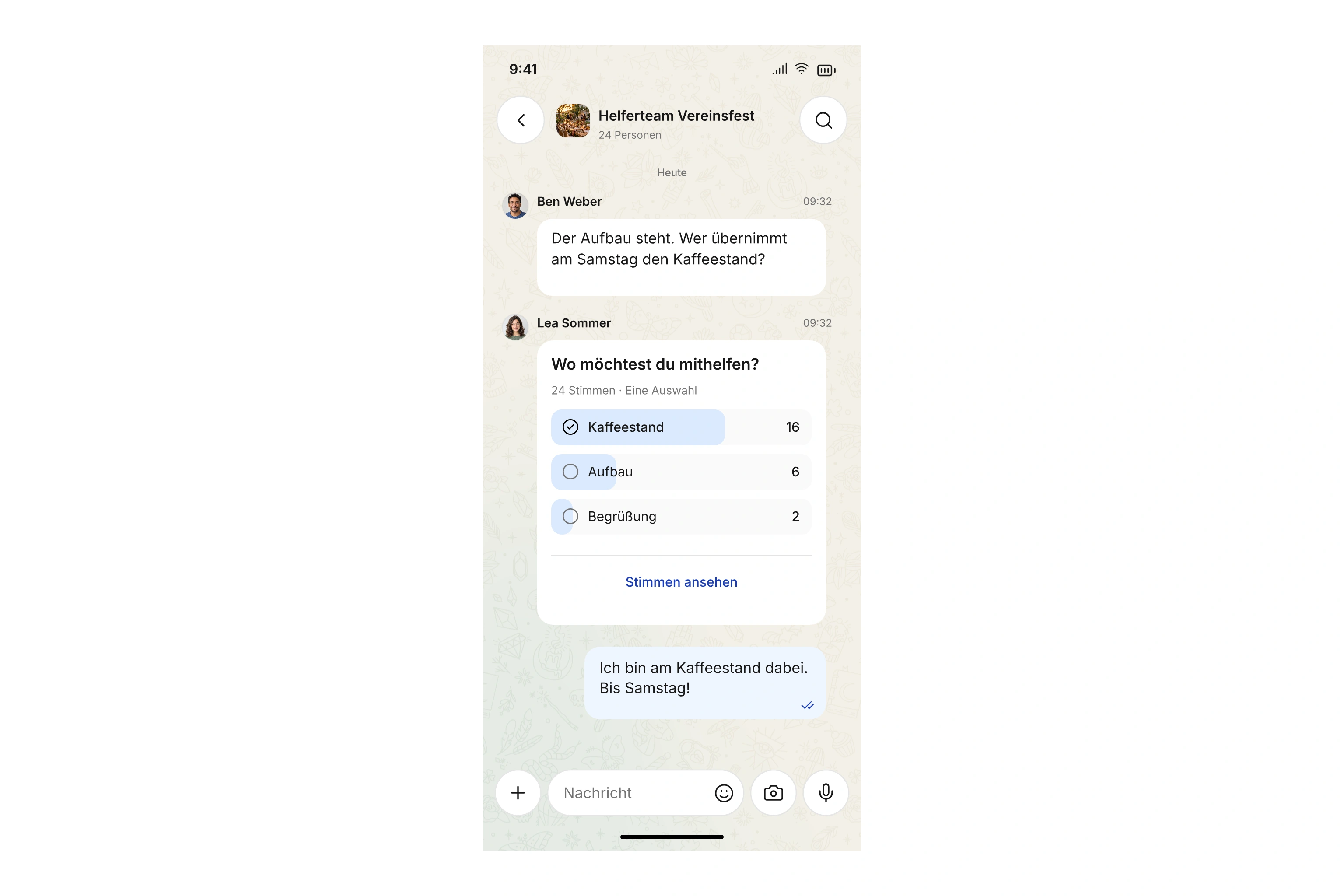 Helferteam mit Nachrichten und einer Umfrage in der campai Vereins-App