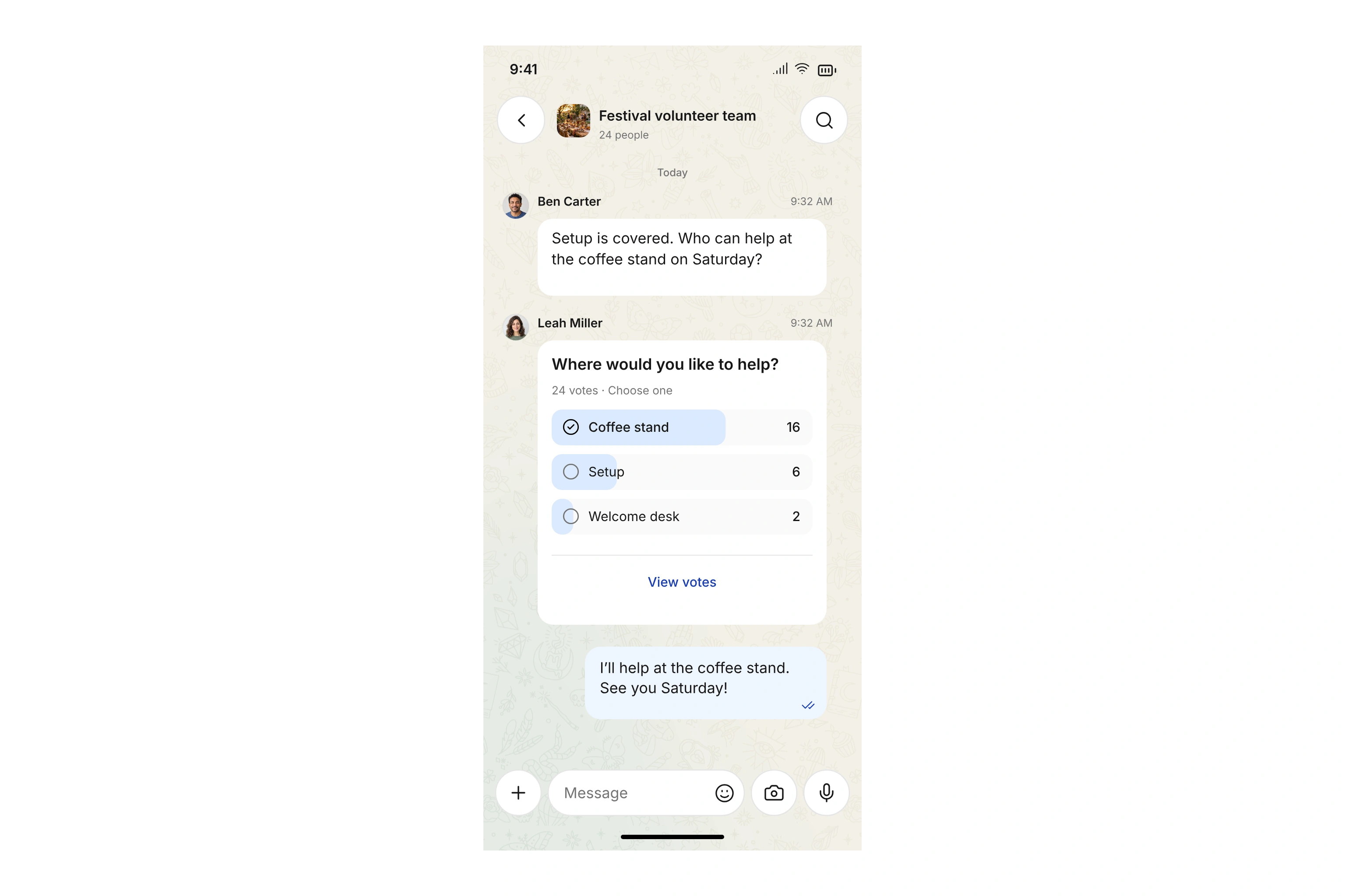 Volunteer team conversation with messages and a poll in the campai member app