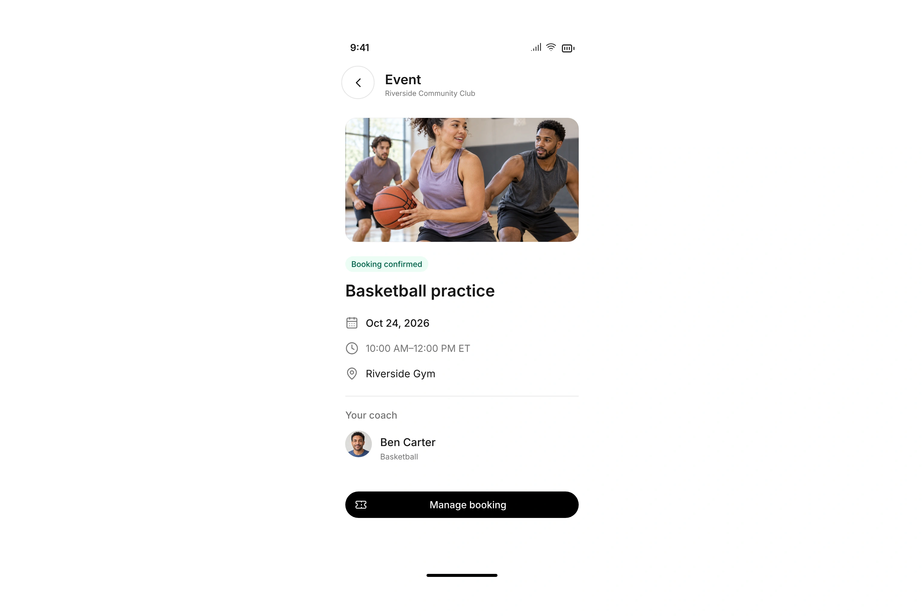 Basketball practice with its date, time, location, coach, and booking