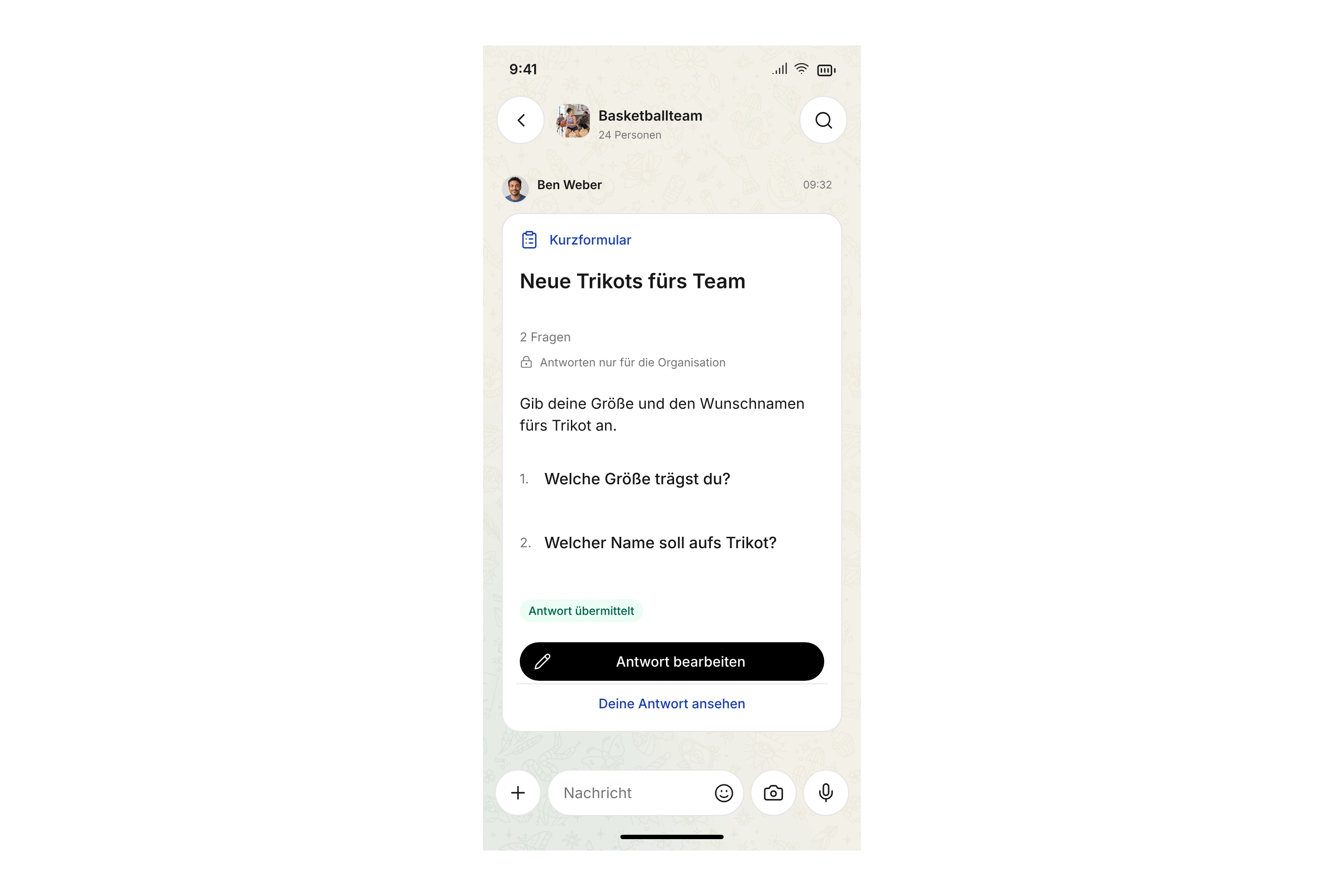 Kurzformular im Basketballchat zur Trikotgröße und zum Wunschnamen, mit Antworten nur für die Organisation