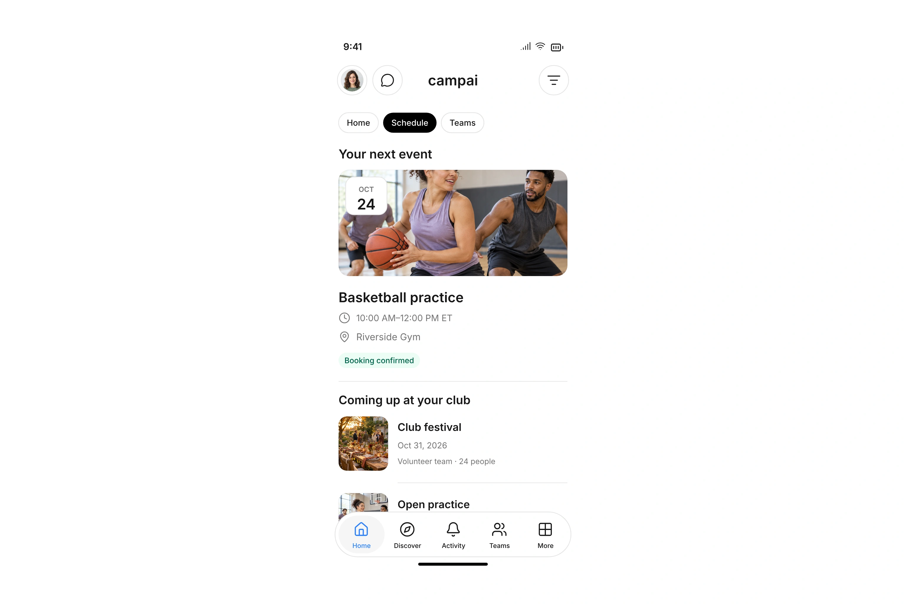 Personal home screen with club, contacts, and upcoming events