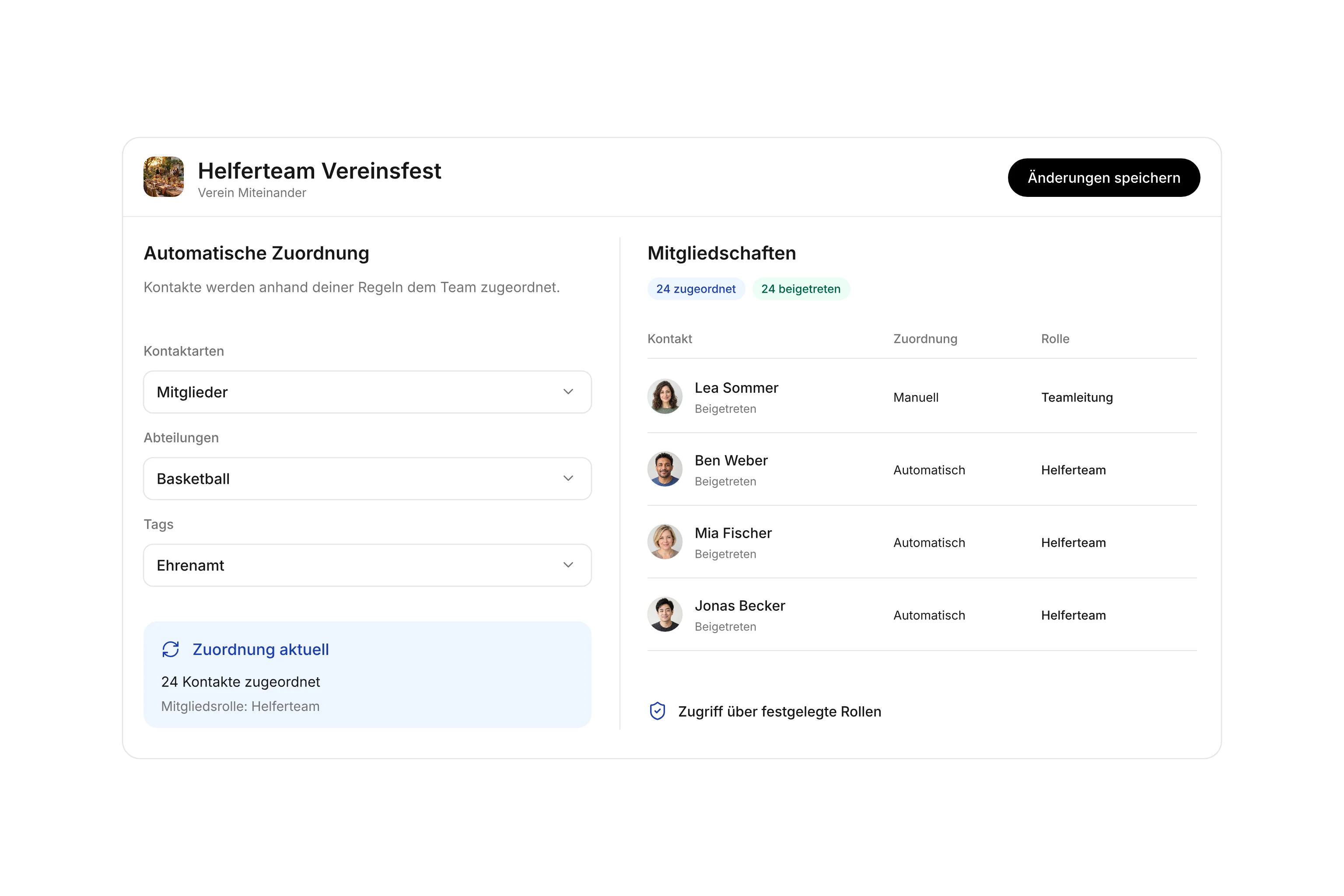 Automatische Teamzuordnung mit Kontaktarten, Abteilungen, Tags und aktuellem Zuordnungsstatus
