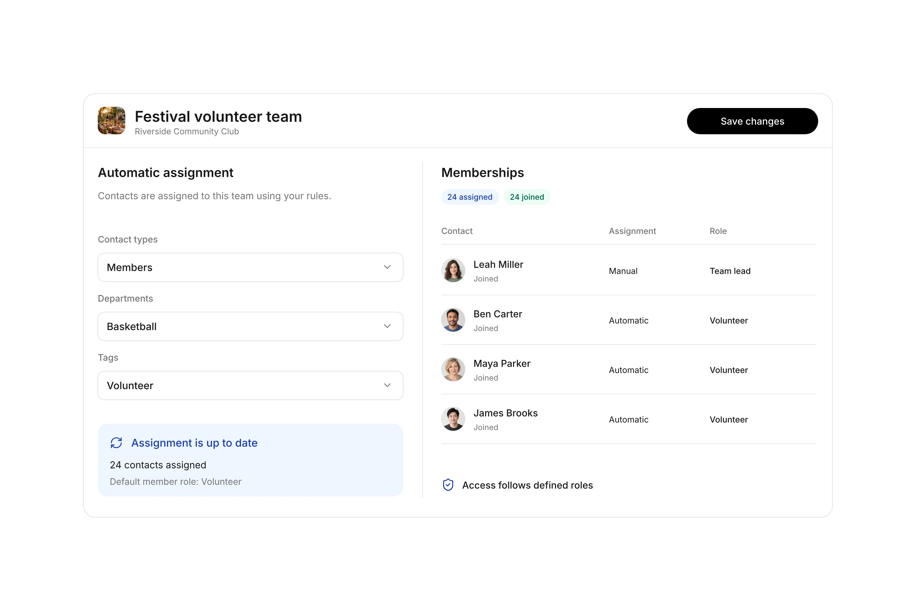Automatic team assignment using contact types, departments, and tags, with current assignment status