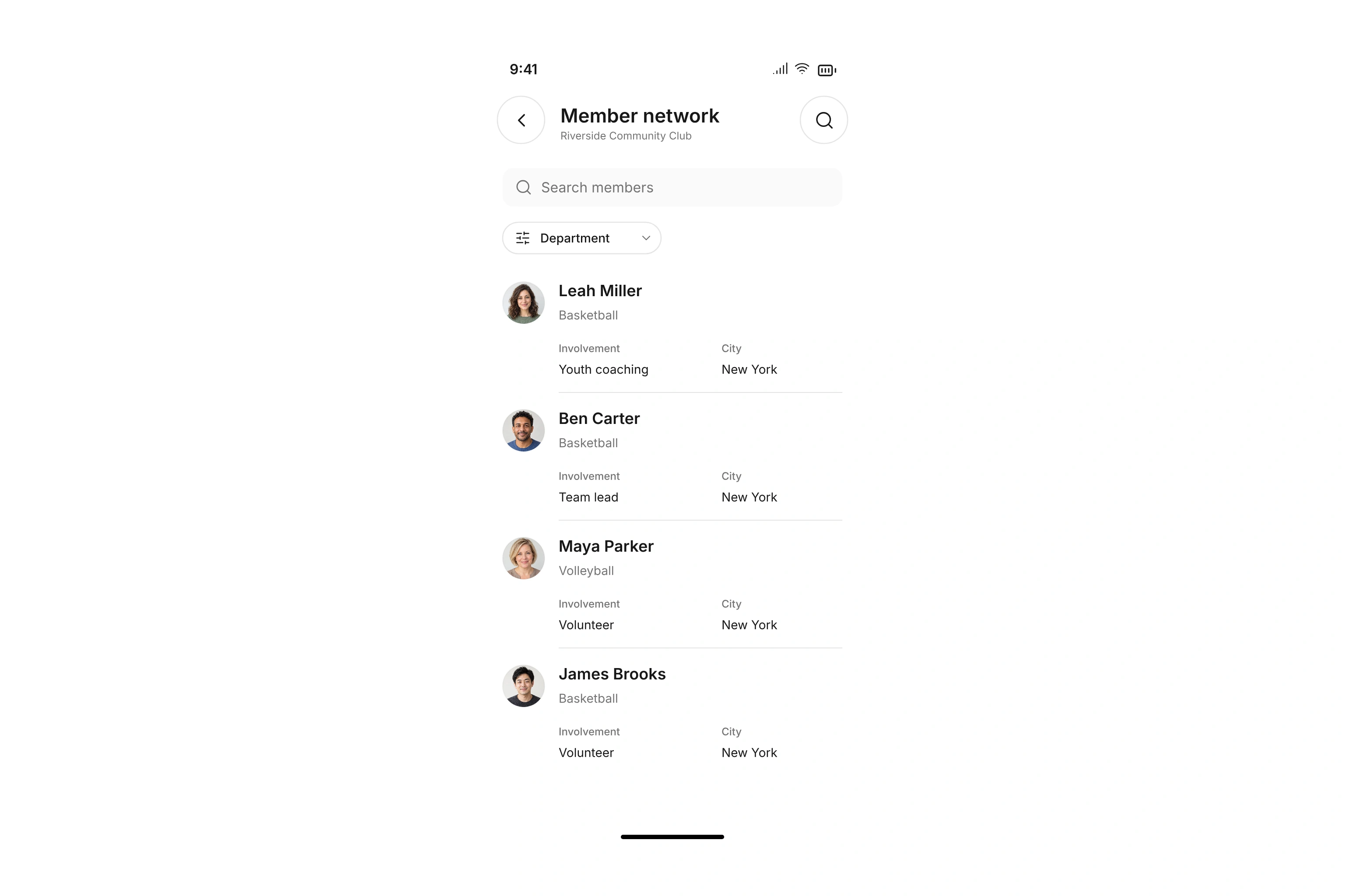 Member directory with search, a department filter, and profile photos