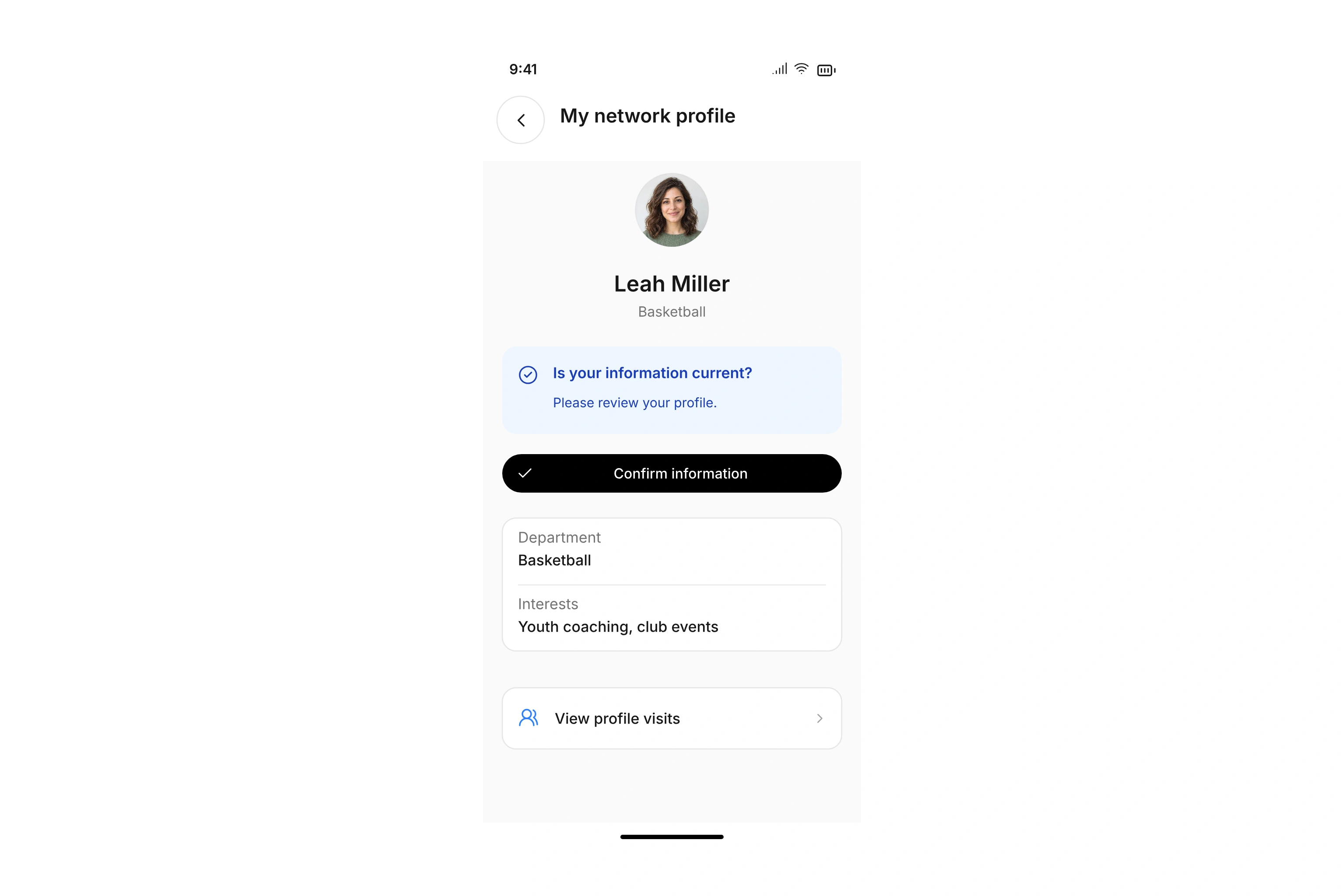 Personal network profile with a review reminder and access to profile visits