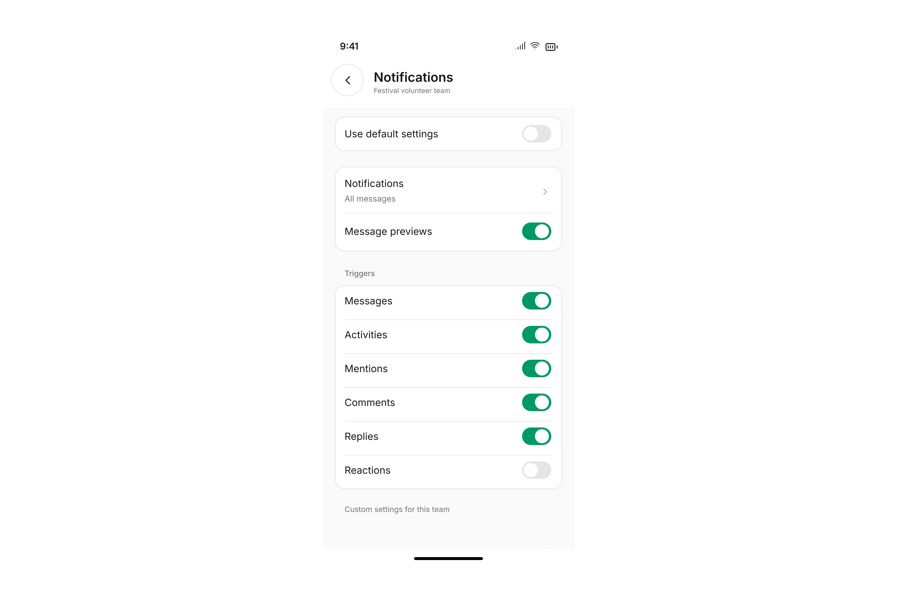 Team notification settings with a delivery mode, message previews, and individual triggers