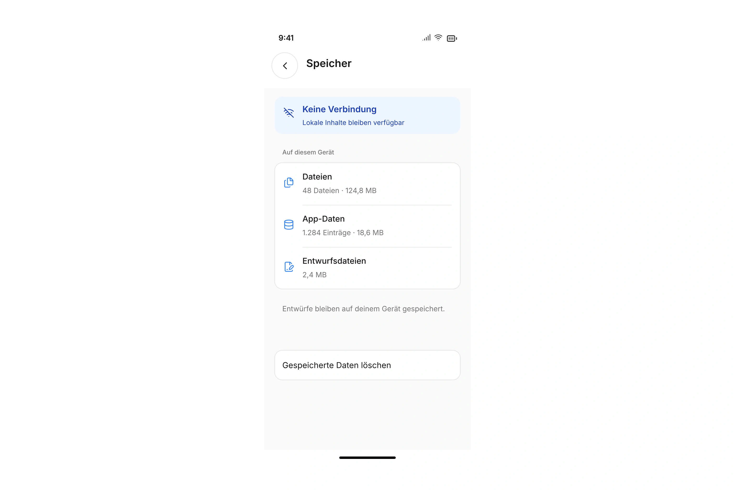 Offline-Speicher mit lokal gespeicherten Dateien, App-Daten und geschützten Entwurfsanhängen