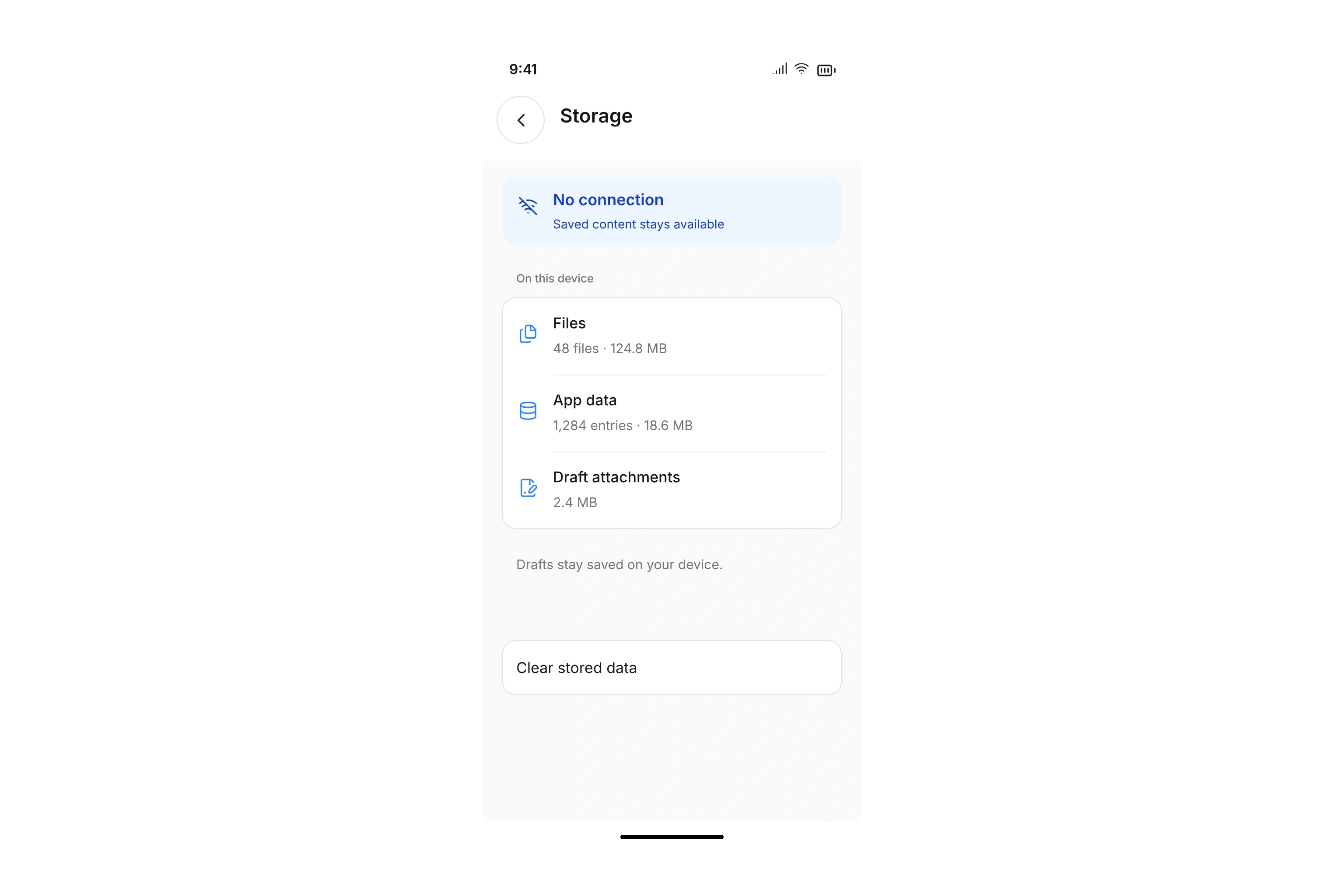 Offline storage settings with locally saved files, app data, and protected draft attachments