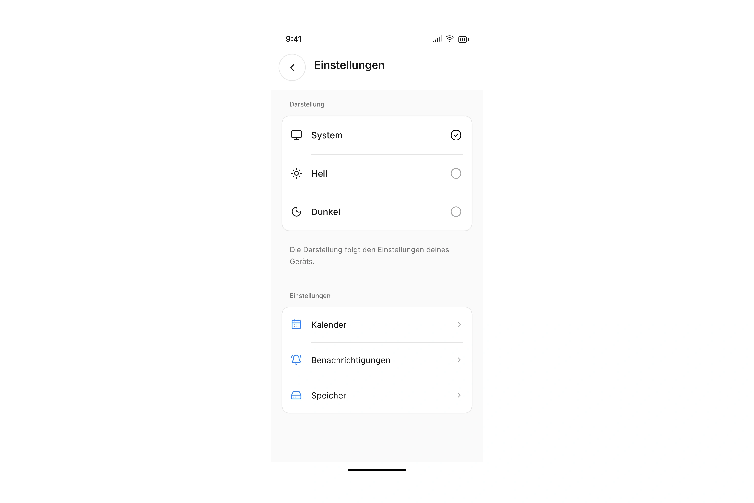 App-Darstellung mit System-, Hell- und Dunkelmodus und Zugang zu Kalender, Benachrichtigungen und Speicher
