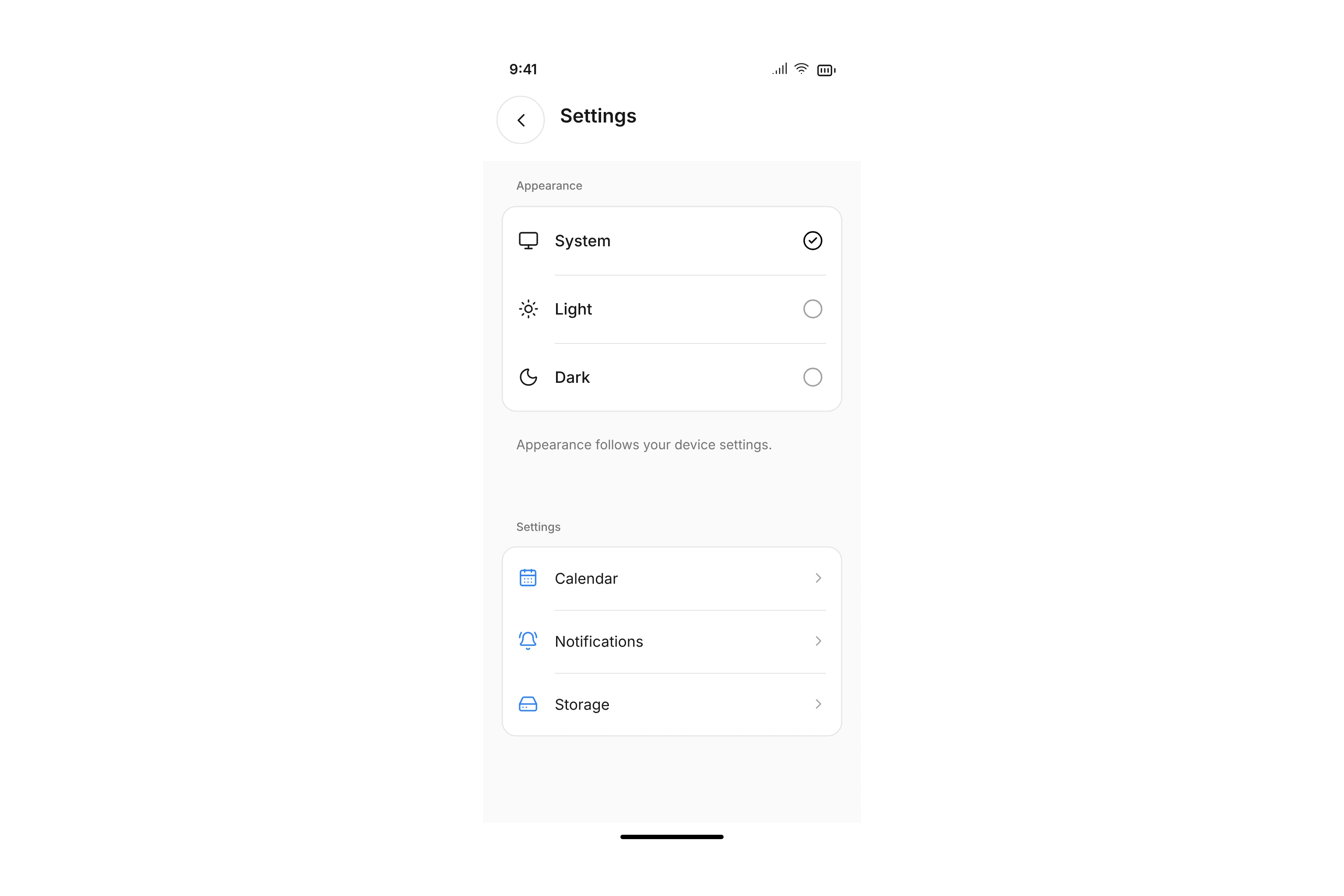 App appearance settings with system, light, and dark options and links to calendar, notifications, and storage