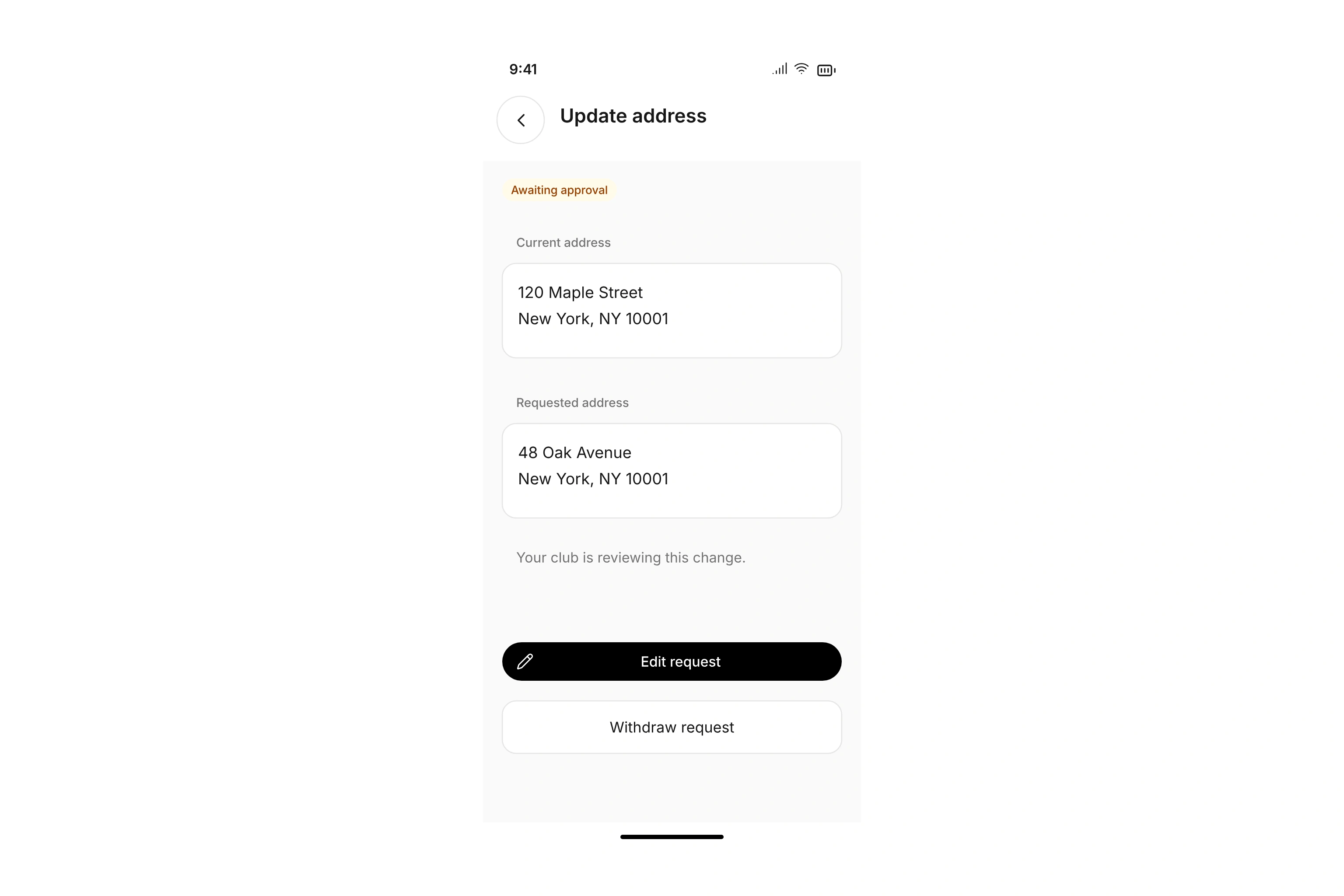 Address change with current and requested values, review status, and a withdrawal action