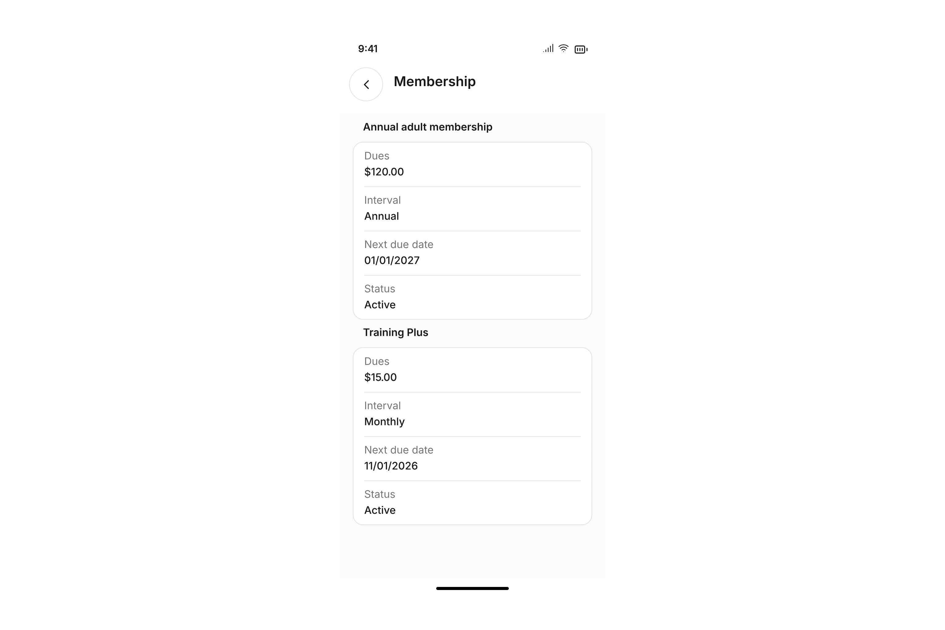 Membership with active terms, dues amount, billing interval, and due date