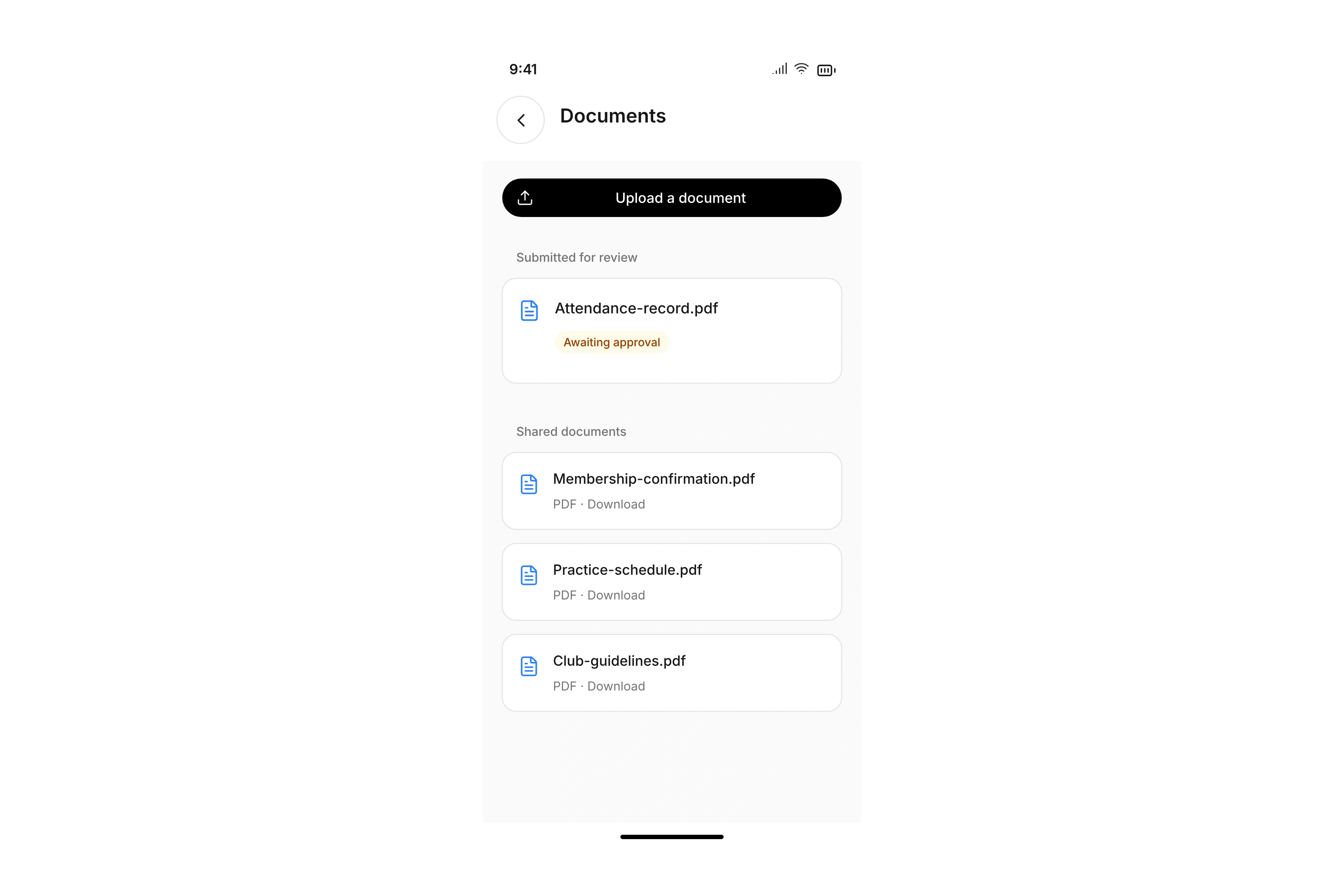 Shared documents and an uploaded file awaiting review