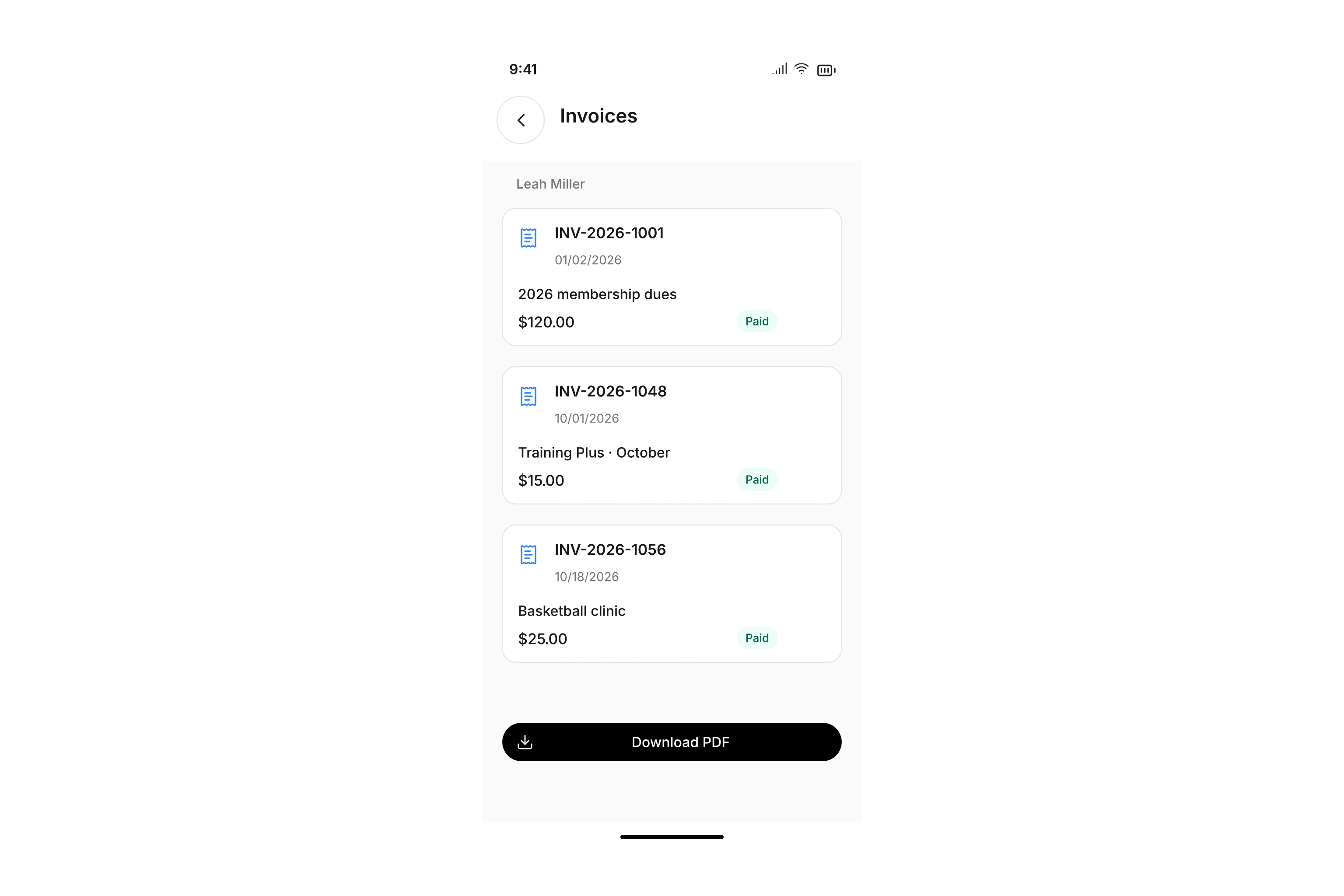 Invoice list showing membership dues, a booking invoice, and payment statuses