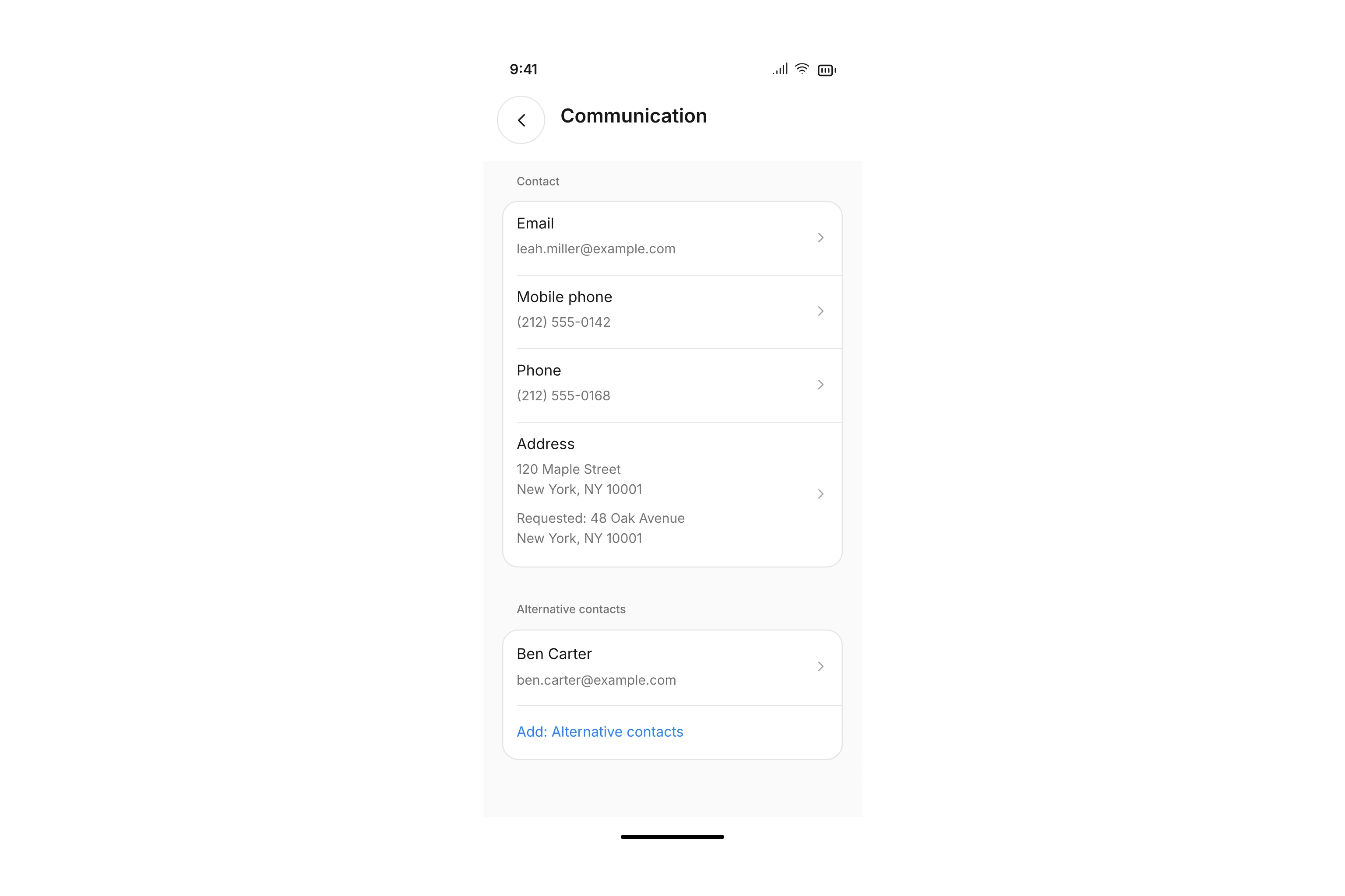 Personal contact details with a requested address update and alternative contacts