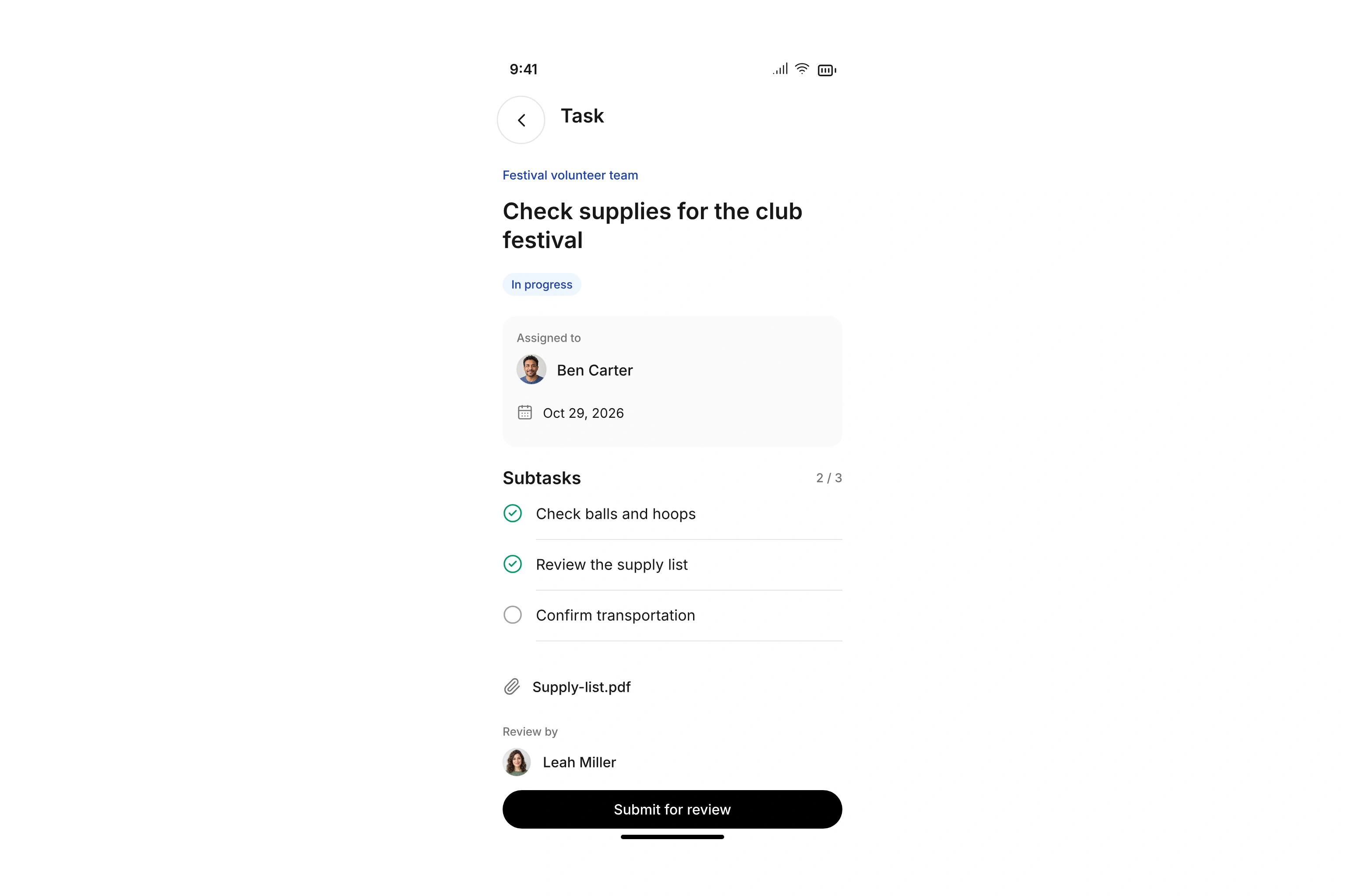 Team task with an assignee, due date, subtasks, attachment, and approval