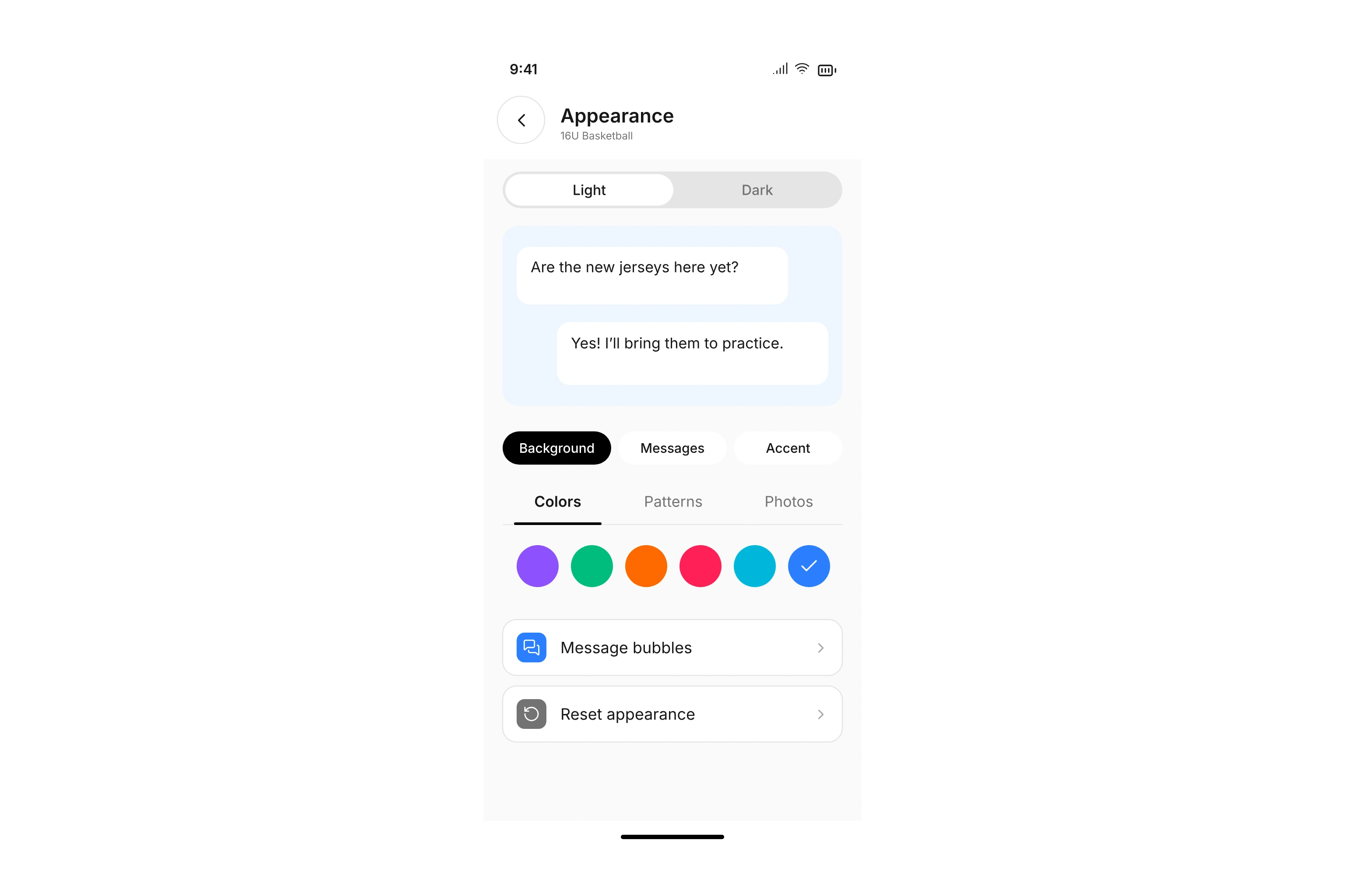 Team appearance settings with a chat preview, background colors, patterns, and photos