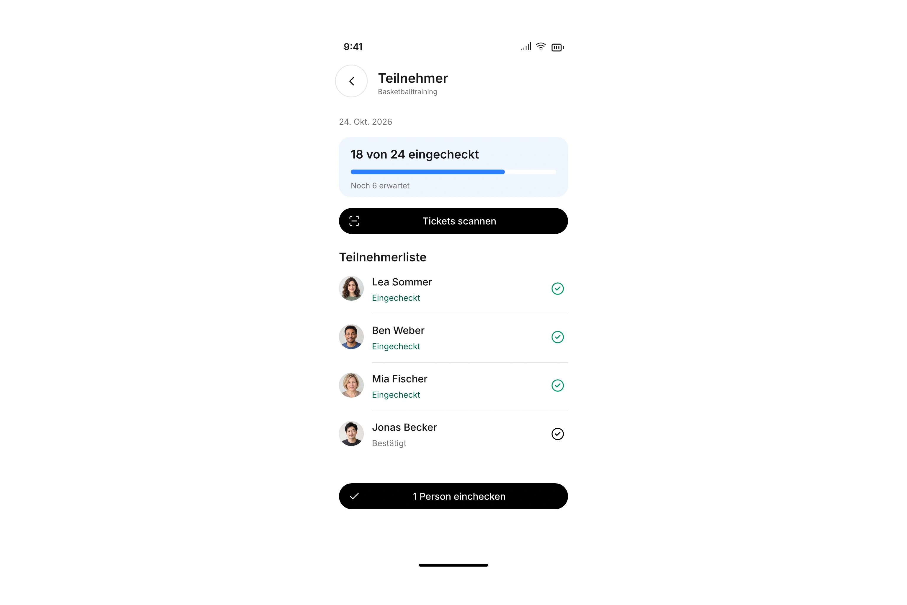 Teilnehmerliste mit Check-in-Fortschritt und Aktion zum Scannen von QR-Tickets