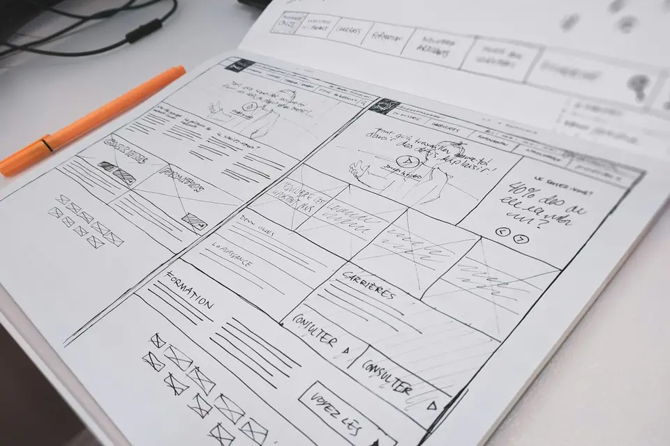Hand-drawn website wireframe on paper